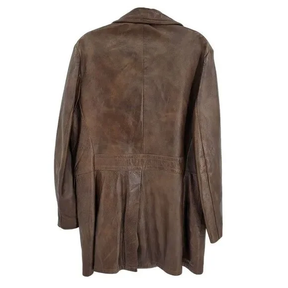 70s Leather Jacket Mottled Crackle Brown Duster Blazer Button Hippy Streetwear L - Picture 10 of 14